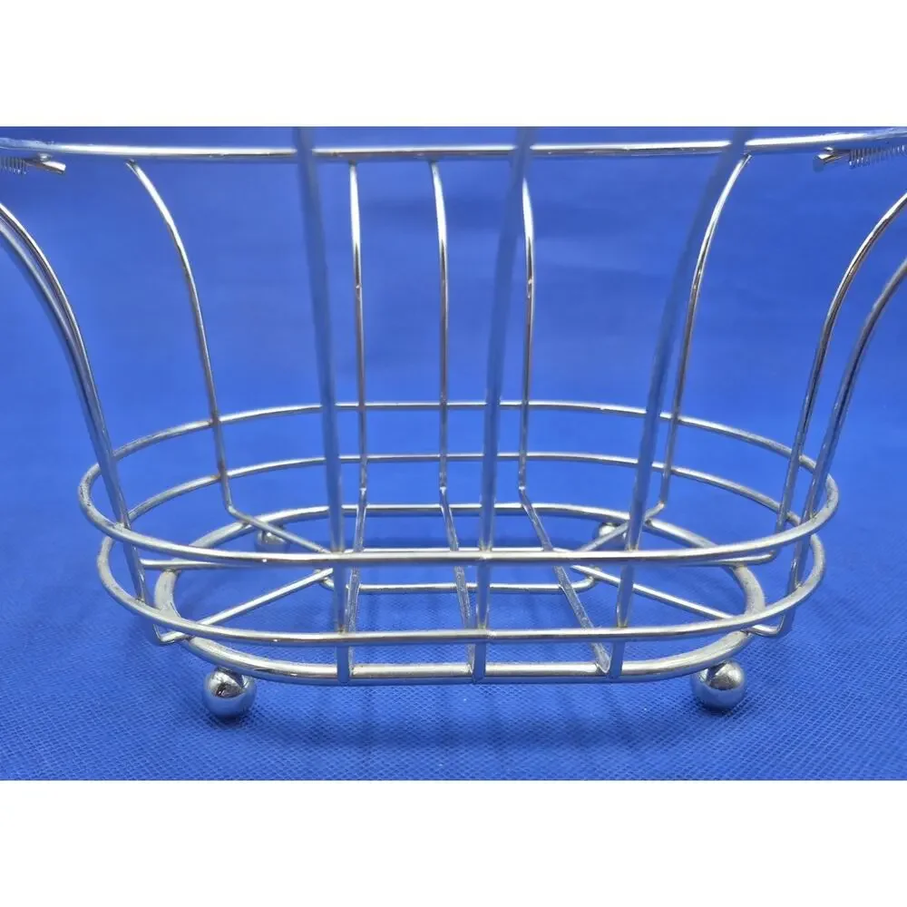 Chrome Oval Fruit Basket Raised Ball Feet Coiled Wire Handles 12x8x5.5